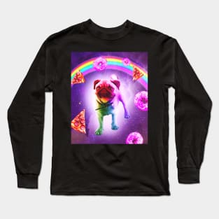 Rainbow Space Pug With Pizza And Doughnut Long Sleeve T-Shirt